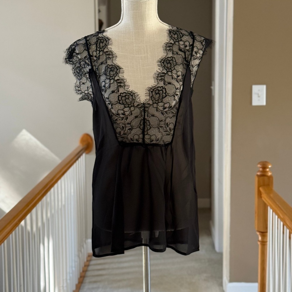 Eyelash Trim Black Sheer Lace V-Neck Sleeveless Blouse Top Medium - Picture 2 of 11